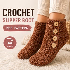 May include: Crocheted brown slipper boots with wooden buttons. The boots are displayed on a soft, white rug. The image includes text that reads "CROCHET SLIPPER BOOT PDF PATTERN".
