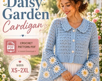 Crochet Cardigan Pattern – Daisy Granny Square, Peter Pan Collar (PDF Download)