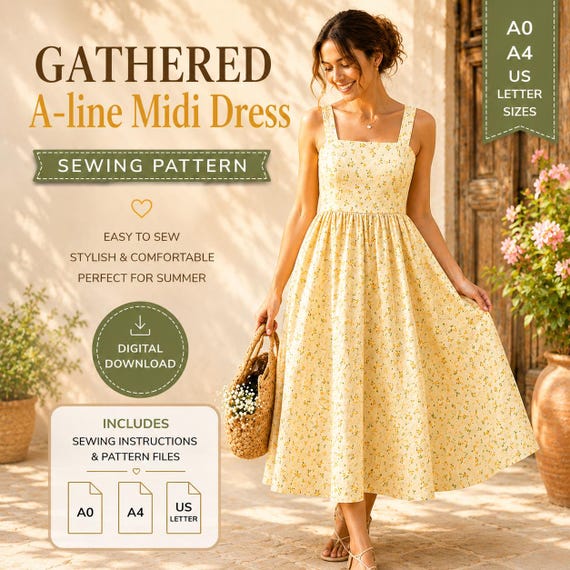 a line summer dress midi Gathered A-Line Sewing Pattern PDF – Square Neck Sleeveless Sundress with Straps, Easy Beginner Dress, A0 A4 US Letter Line Party Dress with brocade A-line/Princess Bridesmaid Dresses Glamlora Color:M-Blue