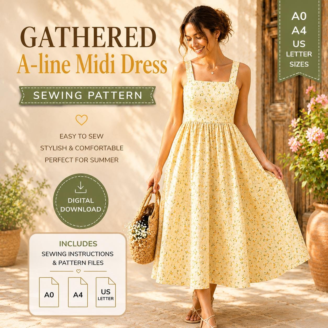 gathered a line dress A-Line Midi Sewing Pattern PDF – Square Neck Sleeveless Sundress with Straps, Easy Beginner Summer Dress, A0 A4 US Letter Zendaya's Backless Bridal Dress modest bridal adding dramatic volume and Size:6 US / 40 EU