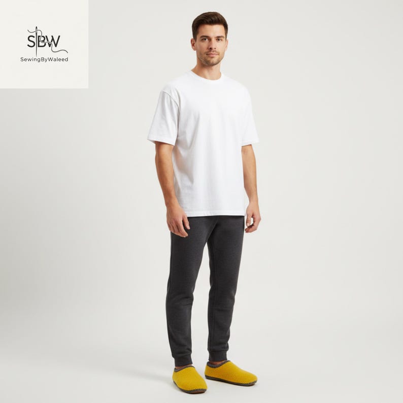 May include: A person wearing a white t-shirt, dark gray sweatpants, and yellow slippers. The logo "SBW SewingByWaleed" is in the upper left corner. The outfit is casual and comfortable.