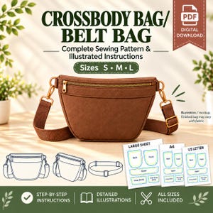 Puede incluir: Un bolso bandolera o riñonera marrón con cremallera dorada y correa ajustable. La imagen incluye texto para un patrón de costura digital, tallas S, M, L y diagramas con piezas de patrón para formatos de papel A4 y US letter.