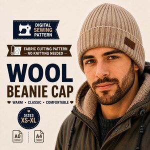 Patrón de costura en PDF para gorro de lana / Gorro de punto acanalado / Tallas unisex XS-XL / Imprimible en A0 y A4 / Descarga instantánea