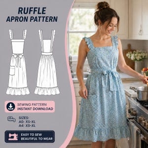 Pinafore Apron Personalized Floral Ruffle Apron PDF, Vintage Kitchen Cooking custom apron with Pocket, Linen Cross Back Apron Pattern