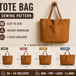Pode incluir: Um molde de costura para bolsa tote marrom com o texto TOTE BAG SEWING PATTERN, EASY TO SEW, INSTANT DOWNLOAD e 4 SIZES INCLUDED. A imagem mostra quatro tamanhos de bolsa com dimensões de 25 cm por 41 cm até 30 cm por 46 cm.