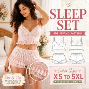 Sleep Lounge Set PDF Sewing Pattern | Cami Top, Ruffle Bloomers Shorts (XS-5XL)