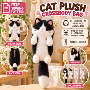 Può includere: Un cartamodello PDF per una borsa a tracolla a forma di gatto di peluche. La borsa è bianca e nera con una lunga coda, orecchie foderate di rosa e chiusura a zip. L'immagine mostra viste frontali, posteriori e laterali del prodotto.