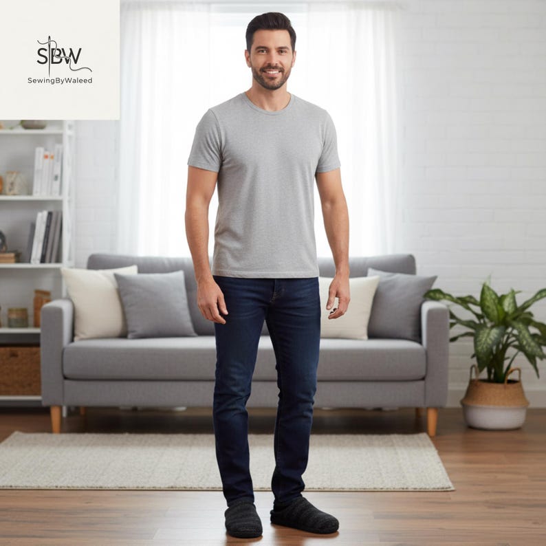 May include: A man wearing a gray crew neck t-shirt and dark blue jeans. The man is standing in front of a gray couch and a houseplant. The logo "SewingByWaleed" is in the top left corner.
