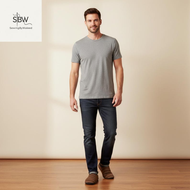 May include: A man wearing a gray crew neck t-shirt and dark blue jeans. The man is standing on a wooden floor. The logo "SBW SewingByWaleed" is in the upper left corner.