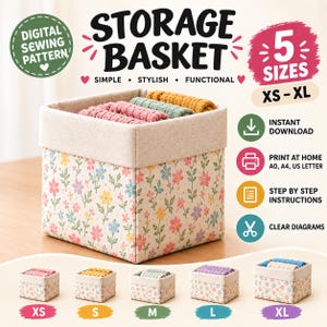 Könnte beinhalten: Ein quadratischer Aufbewahrungskorb aus Stoff mit beigem Rand und einem Blumenmuster in Rosa, Gelb und Blau auf cremefarbenem Grund. Das Bild enthält Text für ein digitales Schnittmuster, 5 Größen von XS bis XL sowie Symbole für Sofort-Download, Druck zu Hause und Schritt-für-Schritt-Anleitungen.