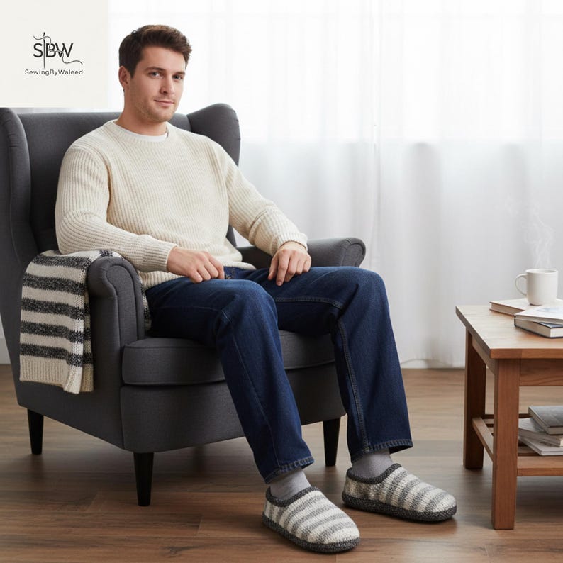 May include: A person seated in a gray armchair wearing a cream-colored sweater and blue jeans. They are wearing gray and white striped slippers. A striped blanket is draped over the chair. A small wooden table with a mug is to the right.