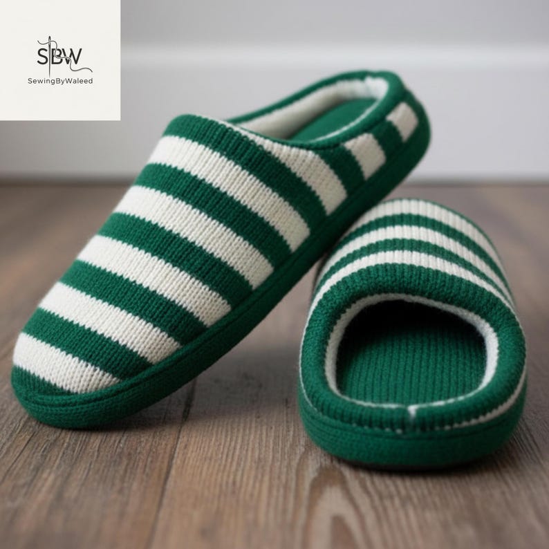 May include: Green and white striped knit slippers. The slippers have a green sole and a white interior. The slippers are made of a soft, comfortable material. The slippers are designed for indoor use.