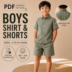 以下が含まれることがあります： 2歳から16歳向けのシャツとショートパンツのセットのPDF縫製パターン。セットには、セージグリーンの生地で作られた半袖のボタンダウンシャツとショートパンツが含まれています。パターンには、裏地付きのバックヨークの詳細とA0またはA4ファイルが含まれています。