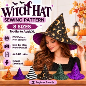 Patrón de costura para sombrero de bruja, 8 tallas desde niño pequeño hasta adulto XL, disfraz de Halloween para hacer tú mismo, ideal para principiantes, tamaño A4 (tamaño carta estadounidense), descarga instantánea en PDF.
