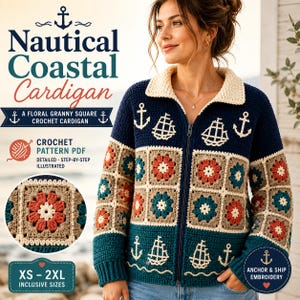 Puede incluir: Una chaqueta de ganchillo con cremallera que presenta una sección superior azul marino con anclas y barcos bordados en blanco, y una sección inferior compuesta por cuadrados de la abuela florales en tonos óxido, cerceta y beige, con un cuello crema.