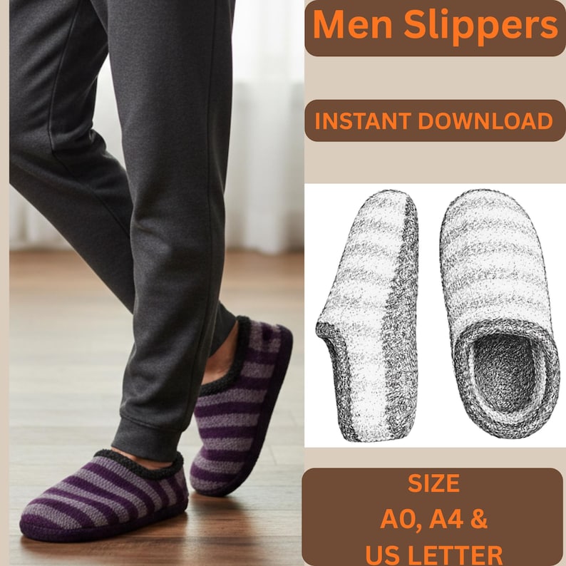 May include: Purple and gray striped slippers with a black trim are shown on a person's feet. The image also includes a line drawing of the slippers and text that says "Men Slippers", "Instant Download", and "Size A0, A4 & US Letter".