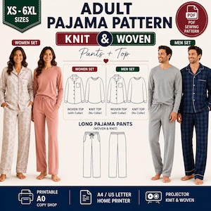Puede incluir: Un patrón de costura digital en PDF para pijamas de adulto, con opciones de tejido de punto y plano para pantalones y tops. Incluye dibujos técnicos de línea para tops con o sin cuello y pantalones largos. Compatible con impresoras A0, A4 y US letter.