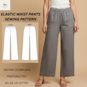 Palazzo Pants Sewing Pattern, Wide Leg Linen PDF, Elastic Waist Trousers (Digital Download)