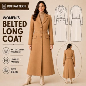 May include: A PDF pattern for a long camel-colored coat with a belt, notched lapels, and flap pockets. The image displays the finished coat, a technical line drawing of the front and back, and a rear view of the coat on a model with text.