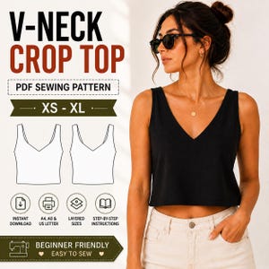 Könnte beinhalten: Ein PDF-Schnittmuster für ein bauchfreies Oberteil mit V-Ausschnitt, inklusive Text V-NECK CROP TOP, PDF SEWING PATTERN, XS-XL, INSTANT DOWNLOAD, A4, A0 & US LETTER, LAYERED SIZES, STEP-BY-STEP INSTRUCTIONS, BEGINNER FRIENDLY, EASY TO SEW und zwei Skizzen.
