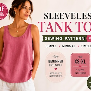 Könnte beinhalten: Ein Schnittmuster-PDF für ein ärmelloses Tanktop. Das Bild zeigt eine Frau, die ein rosa Tanktop trägt. Der Text auf dem Bild lautet "Sleeveless Tank Top Sewing Pattern PDF" und "Beginner Friendly". Das Muster enthält die Größen XS-XL.