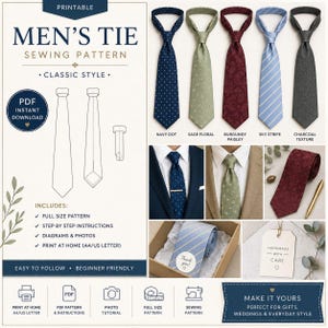 Classic Necktie Sewing Pattern, Men's Tie DIY (Full Size Digital Download)