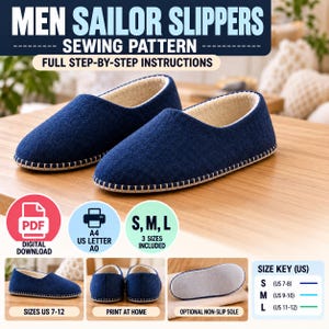 Men Slippers Sewing Pattern PDF, Sailor House Slippers, Sizes Small Medium Large US 7-12, Easy Felt Fleece Slipper Pattern