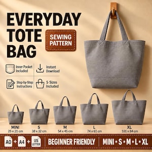 Tote Bag Sewing Pattern PDF, Beginner Tote Bag with Inner Pocket, 5 Sizes Mini to XL, A4 US Letter A0, Instant Download
