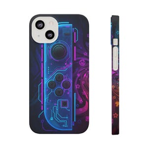 May include: A black smartphone case featuring a neon blue and pink design of a game controller. The case has a circuit board-like pattern and a swirl of stars and other game-related icons. The case is shown from the front and side.