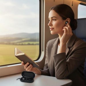 May include: A woman in a brown blazer using wireless earbuds and reading a book on a train. A black earbud case is open on the table. The train window shows green fields and rolling hills in the distance.