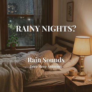 May include: A cozy bedroom scene with a person sleeping under a beige comforter. The text "RAINY NIGHTS?" is at the top, with "Rain Sounds" and "Deep Sleep Ambience" below. A lit lamp and a cup of coffee sit on a bedside table.