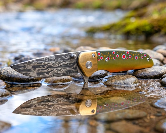RiverBorn Brook Trout Knife • Original Trout Artwork • RunRun Etched D2 Blade • Brass Bolster • Graywolf Custom EDC