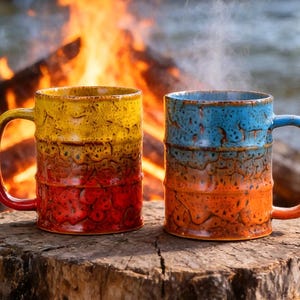 May include: Two ceramic mugs with a barrel design sit on a tree stump in front of a campfire. One mug is yellow, red, and orange. The other is blue, orange, and brown. Both have large handles and are filled with a hot beverage.