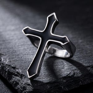 Bold Cross Band — Handcrafted Metal Jewelry with Black Inlay - Cross Ring