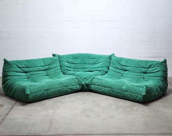 Togo Loveseats and Corner Sofa Set in Teal Green Alcantara by Michel Ducaroy for Ligne Roset