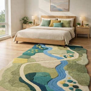 Handgetuft tapijt met landschapsmotief, abstracte rivier, turquoise beige pluche tapijt
