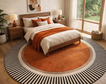 Modern orange round rug midcentury living room carpet with black nwhite striped border cozy home decor accent handmade wool abstract art rug