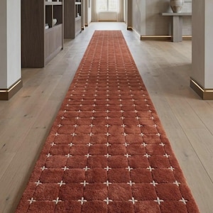 May include: A long, rectangular rust-colored rug with a grid pattern of white crosses. The rug is placed in a hallway with wooden floors and built-in shelves. The rug adds a warm, textured element to the space.