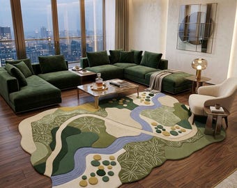 Abstract Landscape Wool Rug 5x8 6x9 7x10 feet Hand Tufted Modern Nursery Rug for Kids, Modern Kids Room Decor
