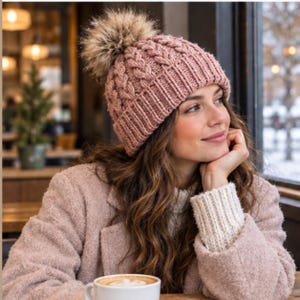 Könnte beinhalten: Eine altrosa Mütze im Zopfstrickmuster mit einem breiten Rippstrickbündchen und einem großen, flauschigen Kunstfell-Bommel an der Oberseite. Die Mütze ist mit einem strukturierten Flechtmuster und grobem Strick gefertigt für einen klassischen Look.