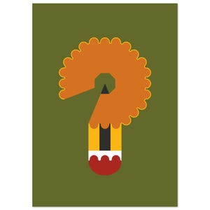 Puede incluir: Ilustración gráfica de un lápiz con forma de signo de interrogación. El lápiz es naranja, amarillo, negro y rojo, sobre un fondo verde. El diseño es simple y llamativo.