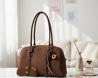 Large Faux Suede Bowling Bag • Retro Style Crossbody Shoulder Purse for Women