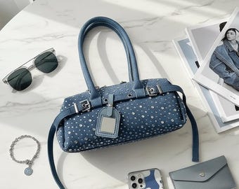 Denim Chain Shoulder Bag, Quilted Underarm Purse for Women, Chic Crossbody Handbag