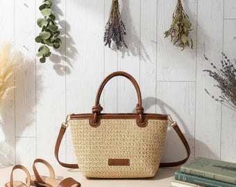 Retro Straw Beach Bag, Woven Summer Knot Detail Basket Handbag, Versatile Vacation Crossbody Purse