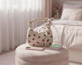 Strawberry Corduroy Half Moon Bag, Mini Underarm Shoulder Purse, Cottagecore Handbag