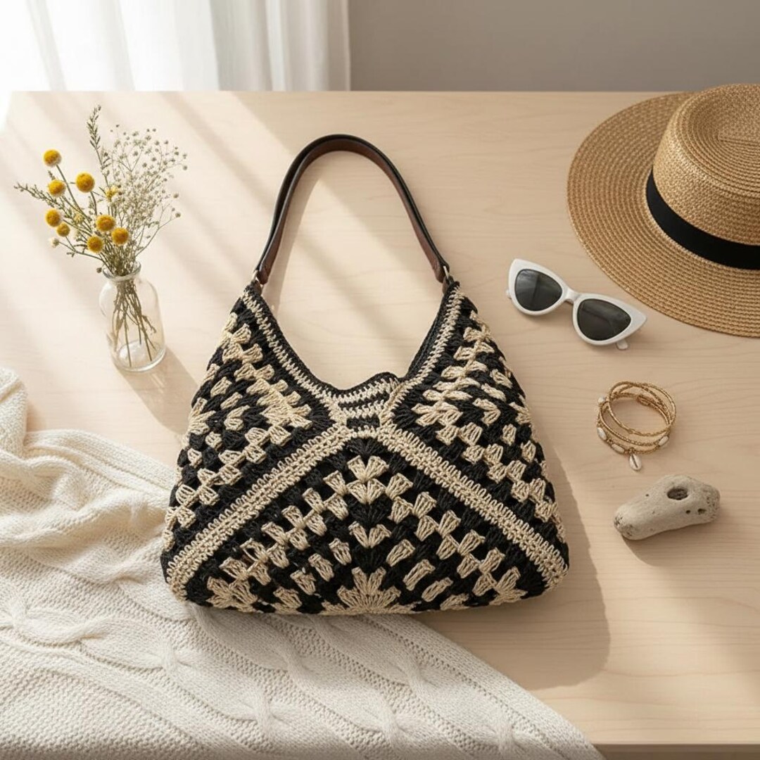 Hand Woven Straw Beach Bag • Knitted Summer Shoulder Tote - Etsy