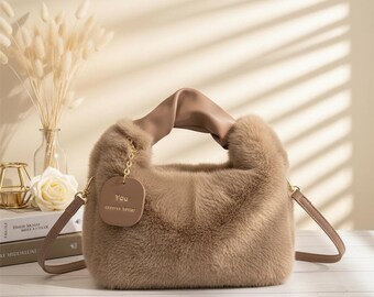 Plush Bucket Shoulder Bag, Fluffy Winter Handbag, Soft Solid Color Crossbody Purse