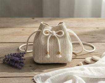 Small Straw Drawstring Crossbody Bag, Boho Summer Beach Woven Mini Handbag