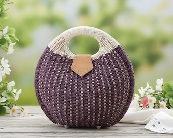 Natural Rattan Round Handbag, Handwoven Straw Beach Bag, Top Handle Purse for Vacation