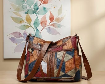 Vintage Patchwork Leather Crossbody Bag, Retro Shoulder Handbag, Daily Purse